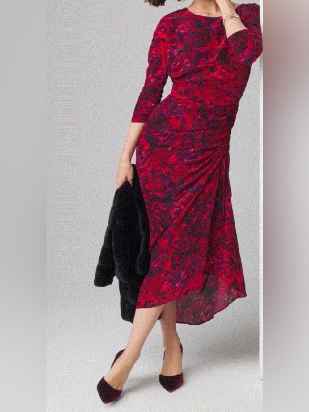 White House Black Market WHBM Red Floral Ruched Midi Dress 00